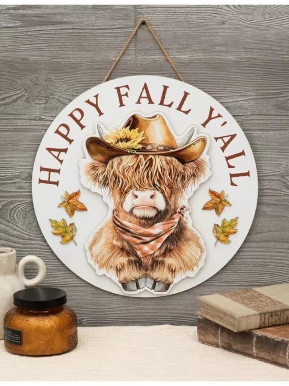Happy Fall Y'all Highland Cow Hanging Wood Wall Decor NEW
